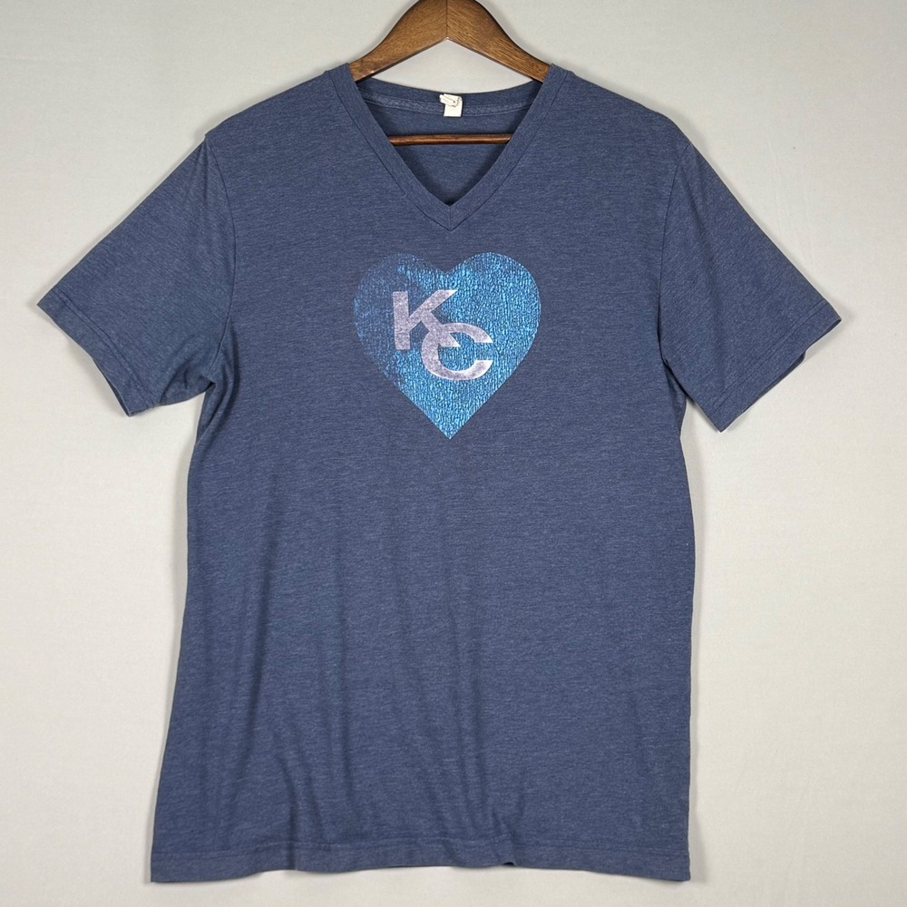 Unbranded KC Heart Graphic T-Shirt Unisex Large Blue Excellent V-Neck Tee